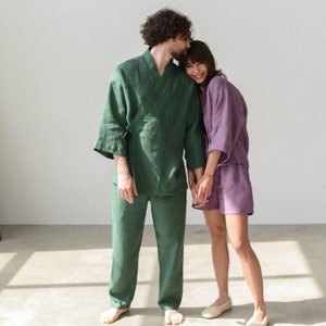 Linen Kimono and pants for men, comfortable green pants for men, softened linen for home, shirt robe image 9