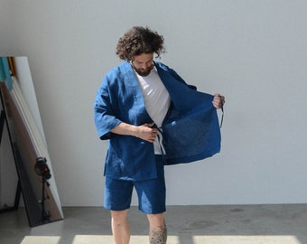Summer linen set for men, comfortable shorts and robe for men , natural linen kimono  for men , summer  robe and shorts for men