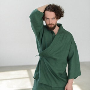 Linen Kimono and pants for men, comfortable green pants for men, softened linen for home, shirt robe image 7