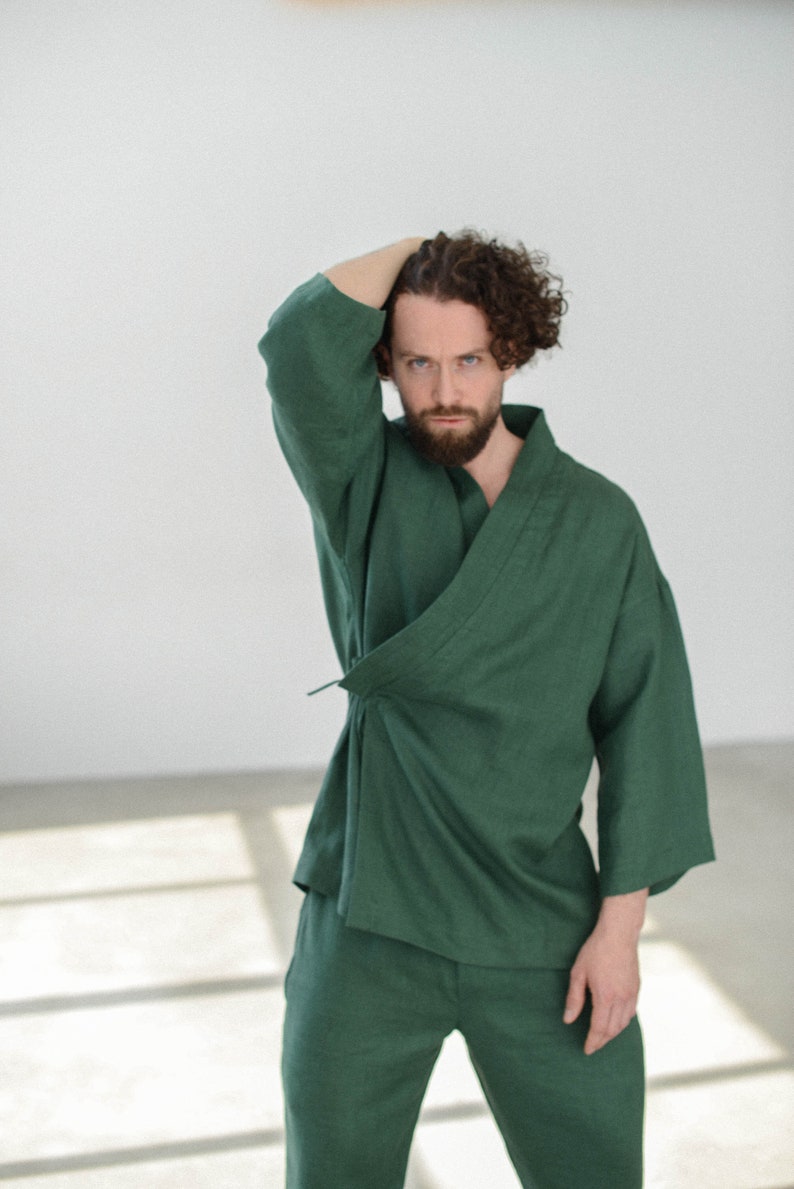 Linen Kimono and pants for men, comfortable green pants for men, softened linen for home, shirt robe image 7