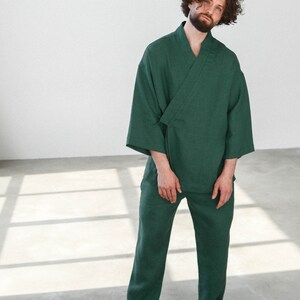 Linen Kimono and pants for men, comfortable green pants for men, softened linen for home, shirt robe image 6