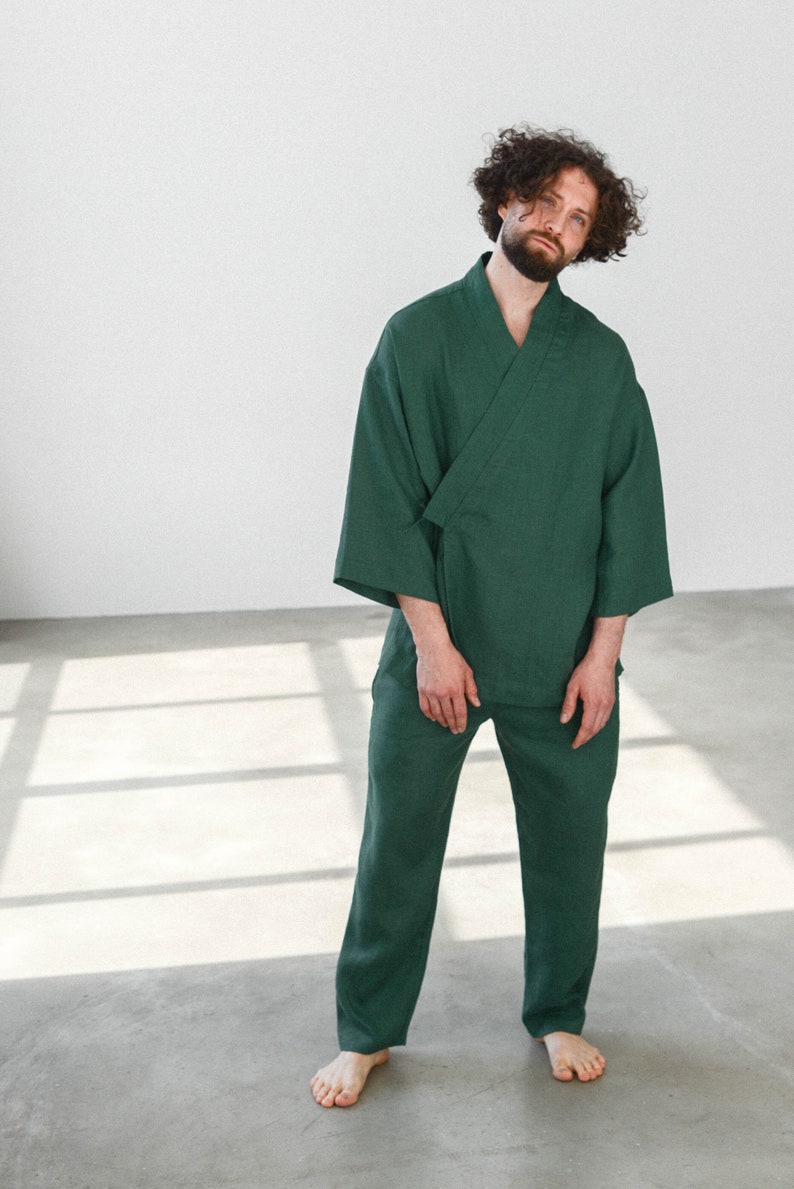 Linen Kimono and pants for men, comfortable green pants for men, softened linen for home, shirt robe image 6