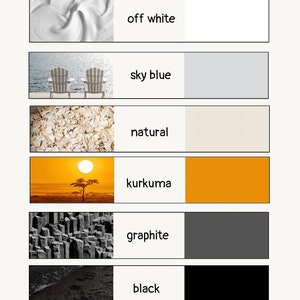 May include: A color palette chart with six color swatches. The swatches are labeled "off white", "sky blue", "natural", "kurkuma", "graphite", and "black".
