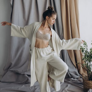 Comfortable  linen set for women.Kimono and  culottes.Oversized Culottes .Plus Size Pants. European linen. Washed flex