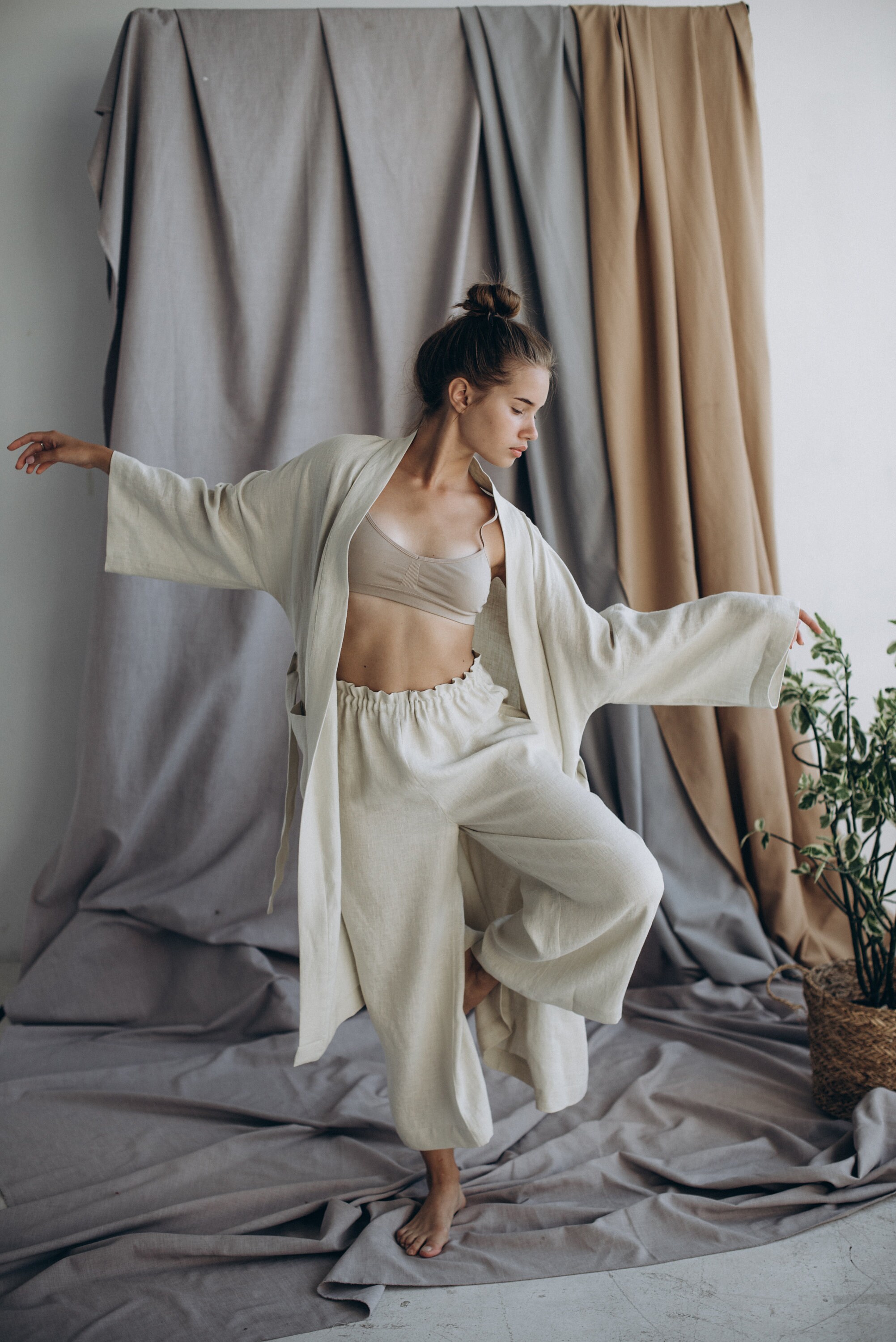Comfortable  linen set for women.Kimono and  culottes.Oversized Culottes .Plus Size Pants. European linen. Washed flex