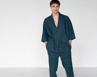 Komplet męski: kimono i spodnie lniane, kolor maroko niebieski, zmiękczony len