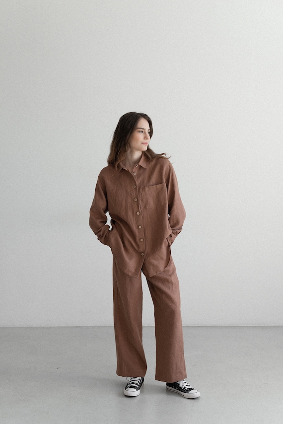 Linen Suit Set, Comfortable Women's Shirt and Pants, Plus Size