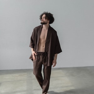 Linen Kimono and pants for men, comfortable brown pants for men, softened linen for home, shirt robe, yoga life