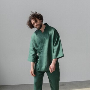 Linen Kimono and pants for men, comfortable green pants for men, softened linen for home, shirt robe image 2