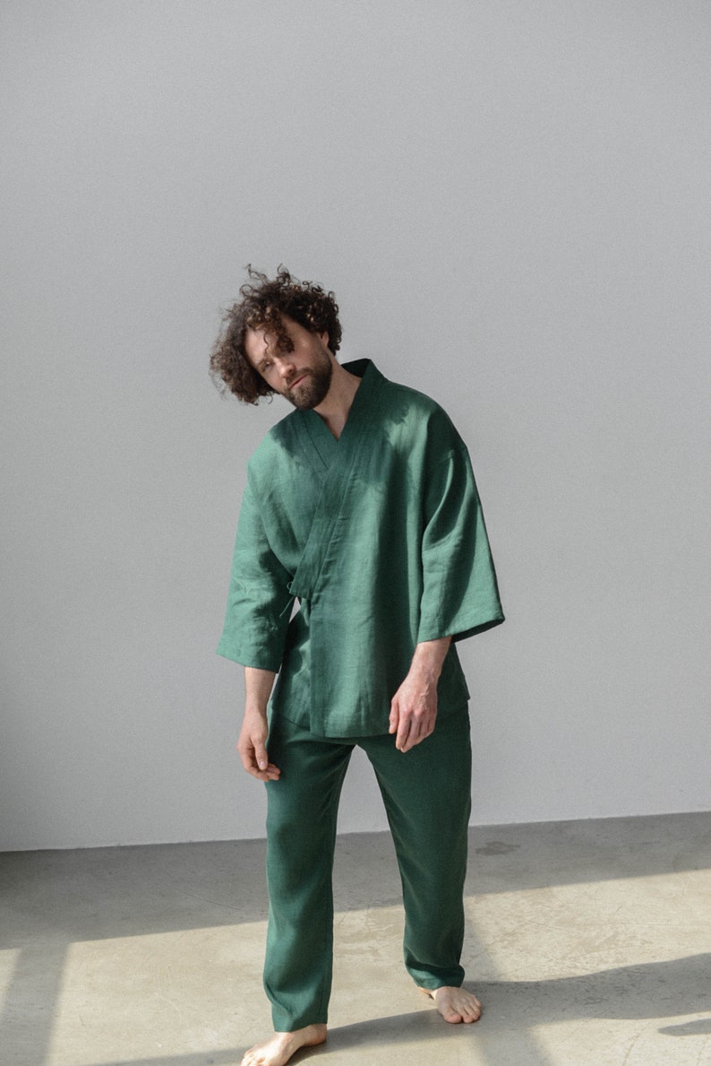 Linen Kimono and pants for men, comfortable green pants for men, softened linen for home, shirt robe image 2