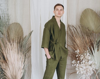 Linen Kimono and Pants Set, Softened Linen Loungewear, Olive