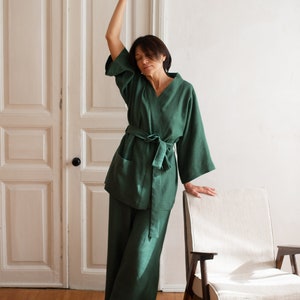 Comfortable linen set for women.Kimono and culottes.Oversized Culottes .Plus Size Pants. Pajamas for home. European linen. Washed flex image 4