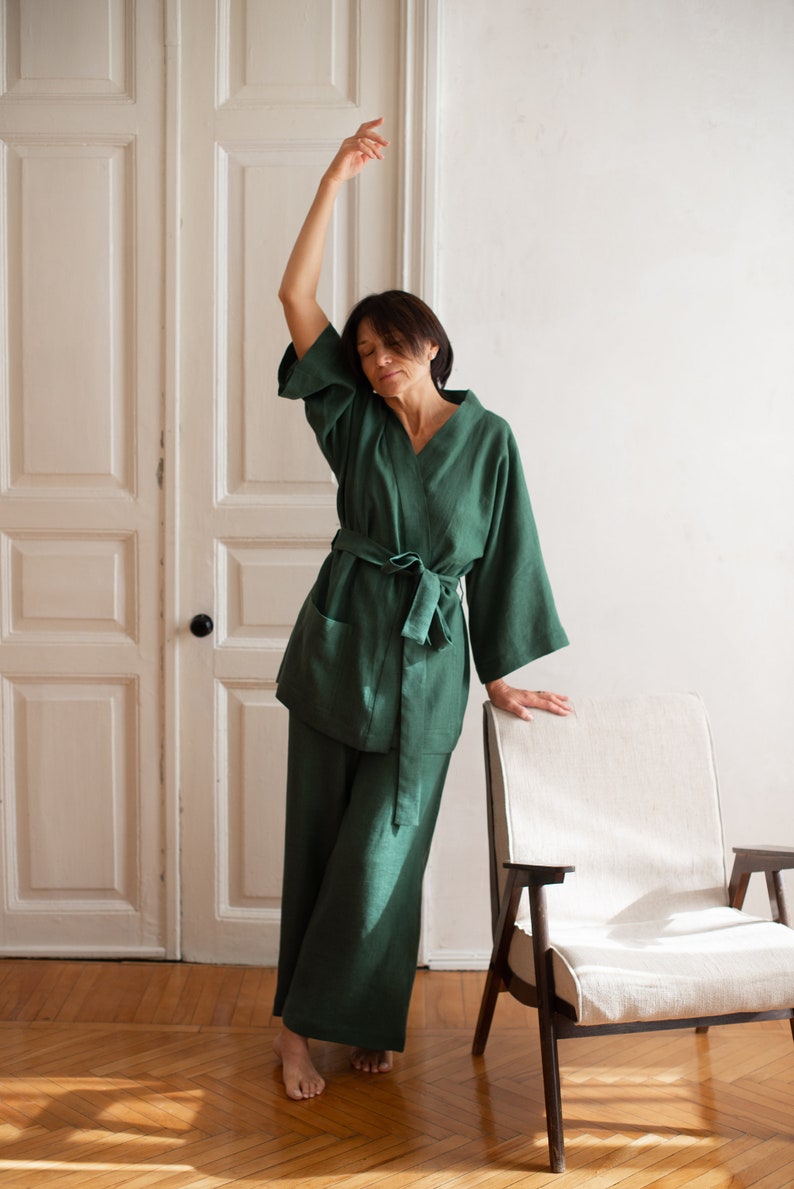 Comfortable linen set for women.Kimono and culottes.Oversized Culottes .Plus Size Pants. Pajamas for home. European linen. Washed flex image 4