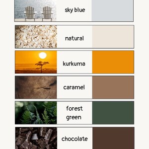 Peut inclure: Un nuancier de couleurs avec 10 couleurs diff&eacute;rentes, chacune avec une image et un libell&eacute; textuel correspondant. Les couleurs sont blanc cass&eacute;, bleu ciel, naturel, curcuma, caramel, vert for&ecirc;t, chocolat, graphite et noir.