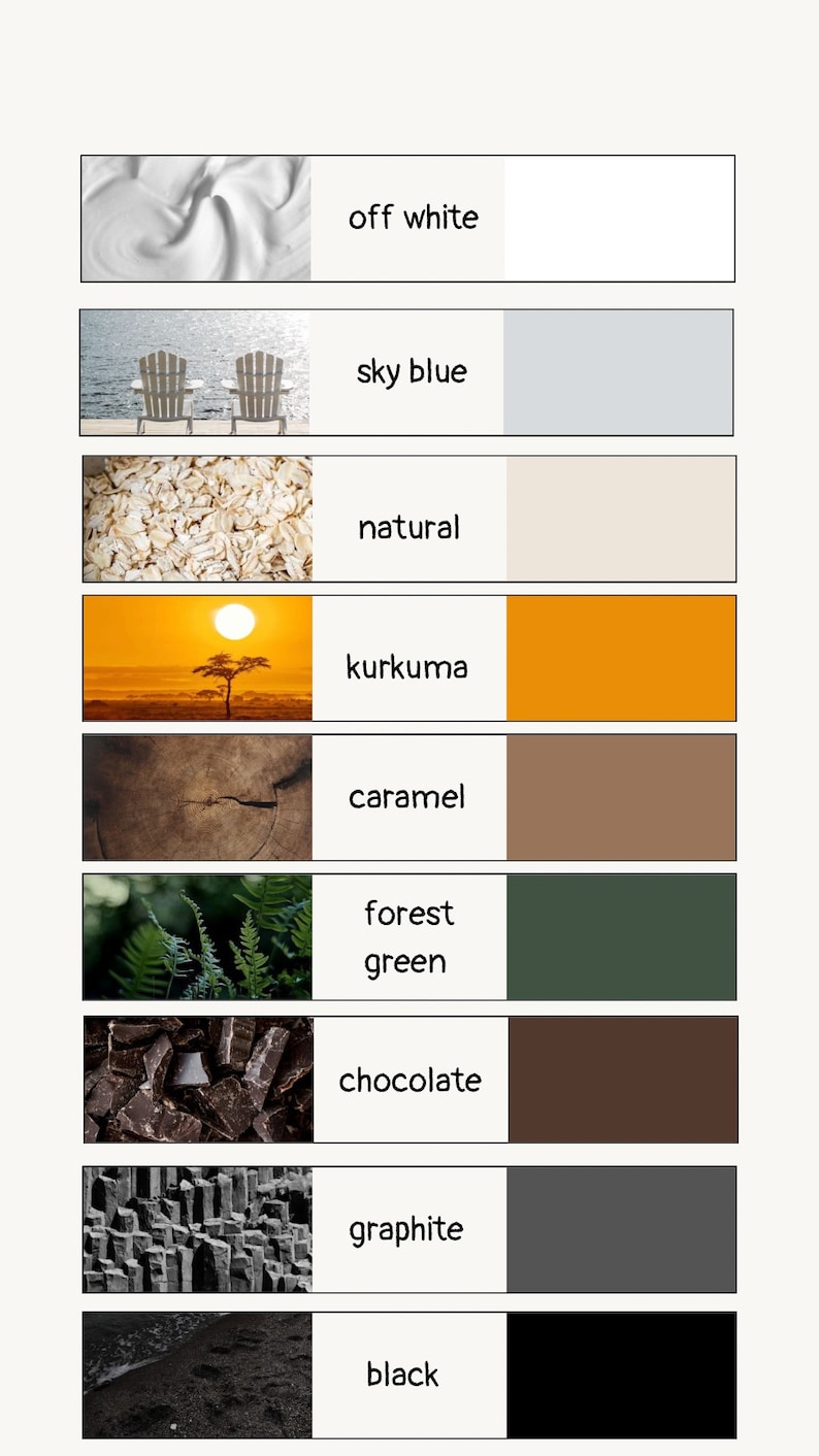 Peut inclure: Un nuancier de couleurs avec 10 couleurs diff&eacute;rentes, chacune avec une image et un libell&eacute; textuel correspondant. Les couleurs sont blanc cass&eacute;, bleu ciel, naturel, curcuma, caramel, vert for&ecirc;t, chocolat, graphite et noir.