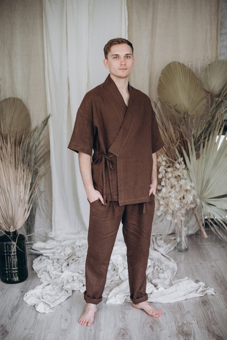 Linen Kimono and pants for men comfortable brown pants for Etsy