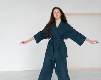 Linen Kimono Set: Oversized Culottes, Plus Size, Washed Flax