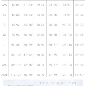May include: Size chart for clothing with measurements in inches and centimeters. The chart includes sizes XXS through XXXL, with corresponding chest, waist, and hip measurements. The chart also includes height recommendations for petite, regular, and tall sizes.