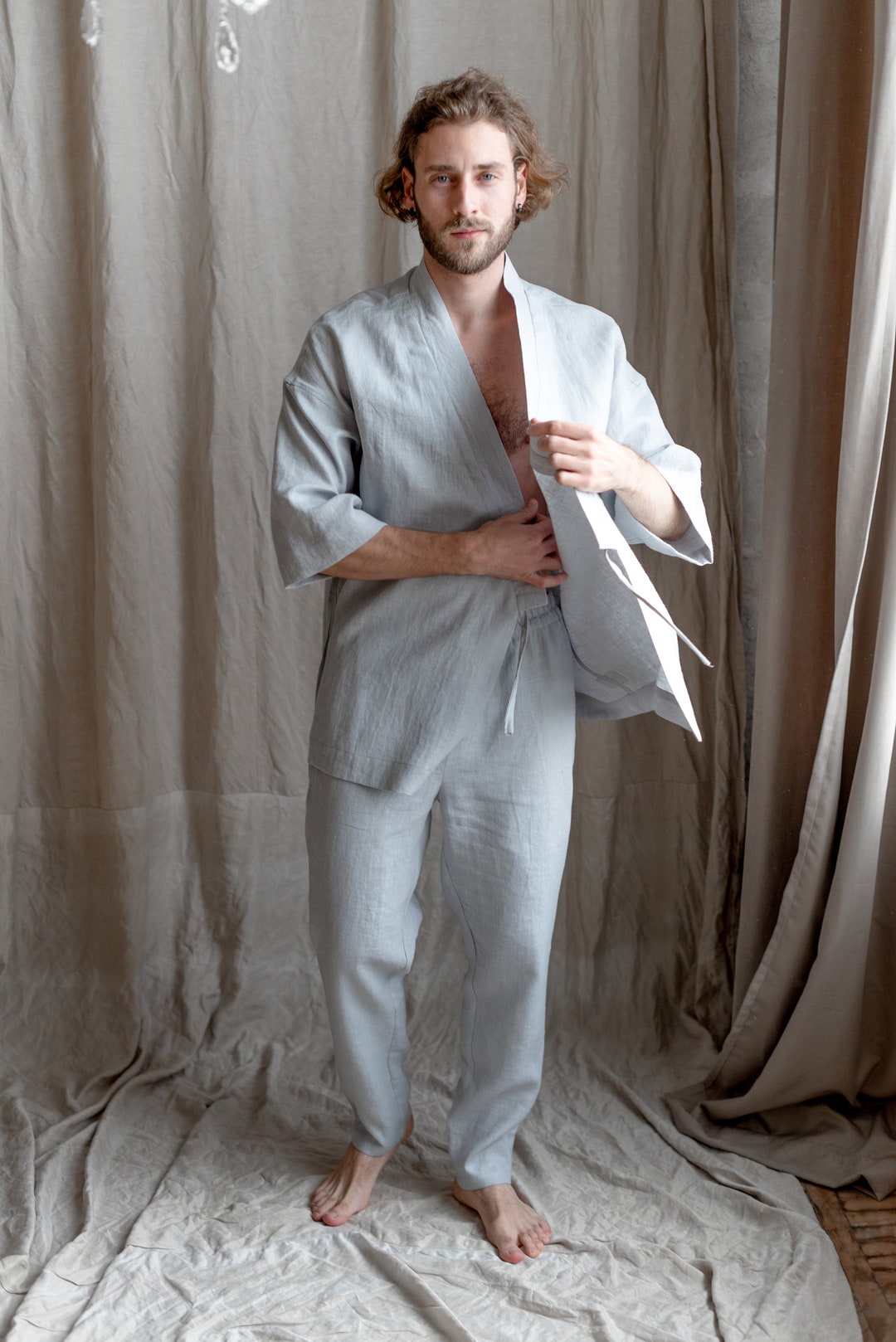 Kimono de lino para hombre, cómoda bata azul para hombre, lino