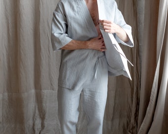 Men's Softened Linen Kimono Robe, Comfortable Loungewear