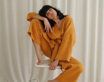 Comfortable  linen set for women.Kimono and  culottes.Oversized Culottes .Plus Size Pants. European linen. Washed flex