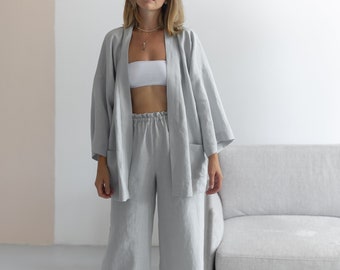 Comfortable  linen set for women.Kimono and  culottes.Oversized Culottes .Plus Size Pants. Home robe for woman.European linen. Washed flex