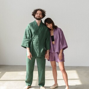 Linen Kimono and pants for men, comfortable green pants for men, softened linen for home, shirt robe image 8