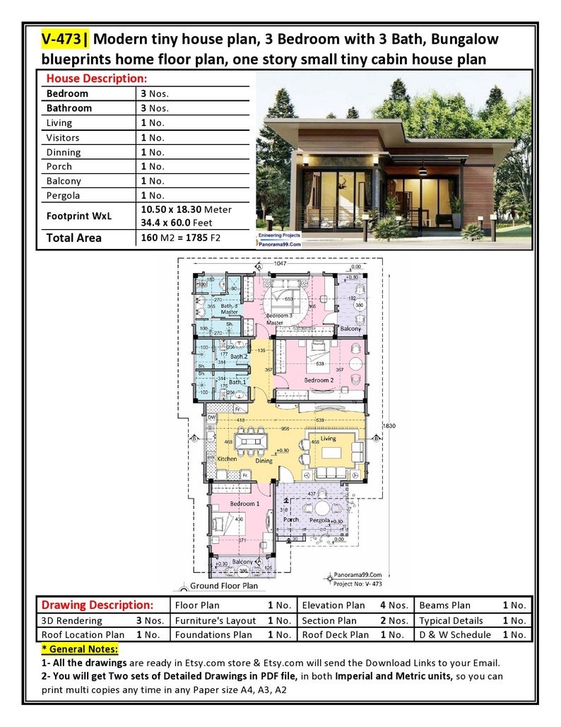 V-473 Modern tiny house plan, 3 Bedroom with 3 bathroom, Bungalow blueprints home floor plan, One story small tiny cabin farm Slope roof image 10