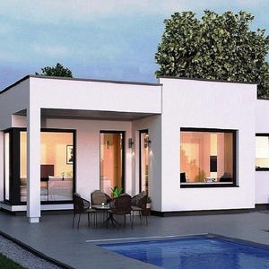 V-513D France| Modern two Bedroom house Plan + 2 bathroom with swimming pool one story home floor Plan Tiny house with terrace roof