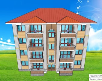 May include: A multi-storey building with a red roof and white walls. The building has multiple windows and balconies. There are people standing on the balconies.