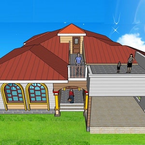 V-877 | Modern huis | Plattegrond met zwembad en 2 carport, 4 slaapkamers + 5 badkamers, gelijkvloers huis, met zadeldak en terrasoverkapping.