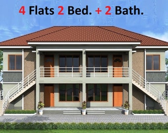 B-312 | Two story small building plans, 4 apartments, each flat 2 bed + 2 bat, Blueprints building apartments
