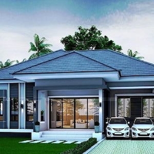 V-403| バンガロー間取り図：ガレージ付きモダンな4ベッドルーム1階建て住宅