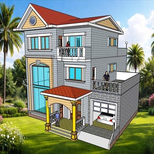May include: A three-story house with a red roof, gray siding, and a garage. The house has balconies and large windows. Palm trees and lush landscaping surround the house.