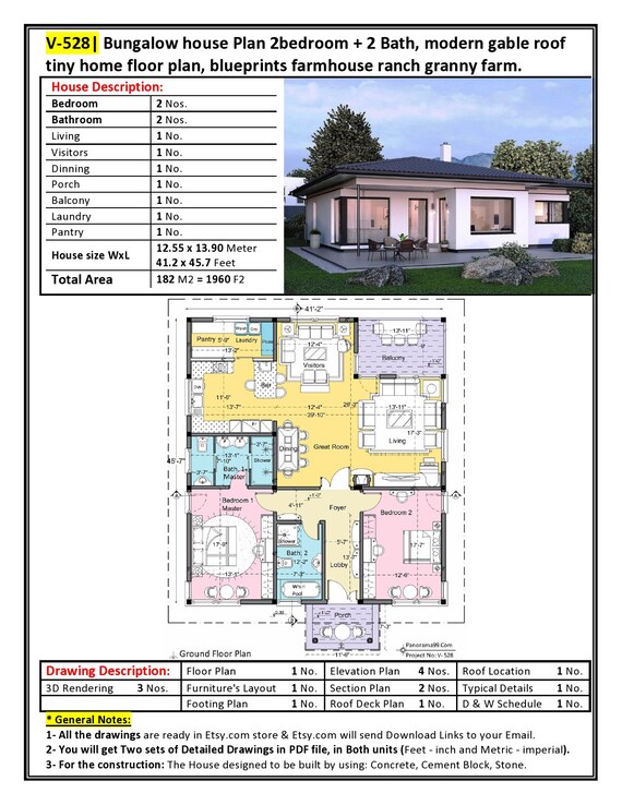 V 528 Bungalow House Plan 2bedroom 2 Bath Modern Gable Etsy
