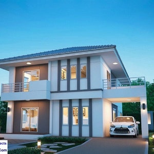 V-381| Architectonisch ontwerp voor luxe modern huis, zadeldak met twee verdiepingen, met 5 slaapkamers en 4 badkamers en garage, huisplan homePlan.