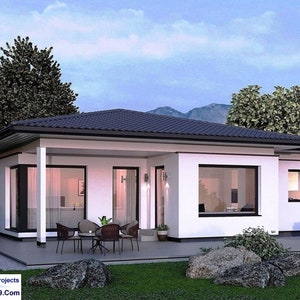 V-528D | Planta de casa moderna com dois quartos + 2 banheiros e piscina. Casa pequena térrea com telhado de duas águas.