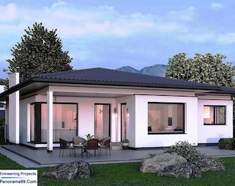 V-528D | Modern two bedroom house Plan + 2 bathroom and swimming pool one story Tiny home with gable roof.