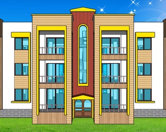 B-736 | Modern building apartments, Three story residential building plan, 6 flats with 3-4 bedroom + 2.5 bath. and concrete terrace roof