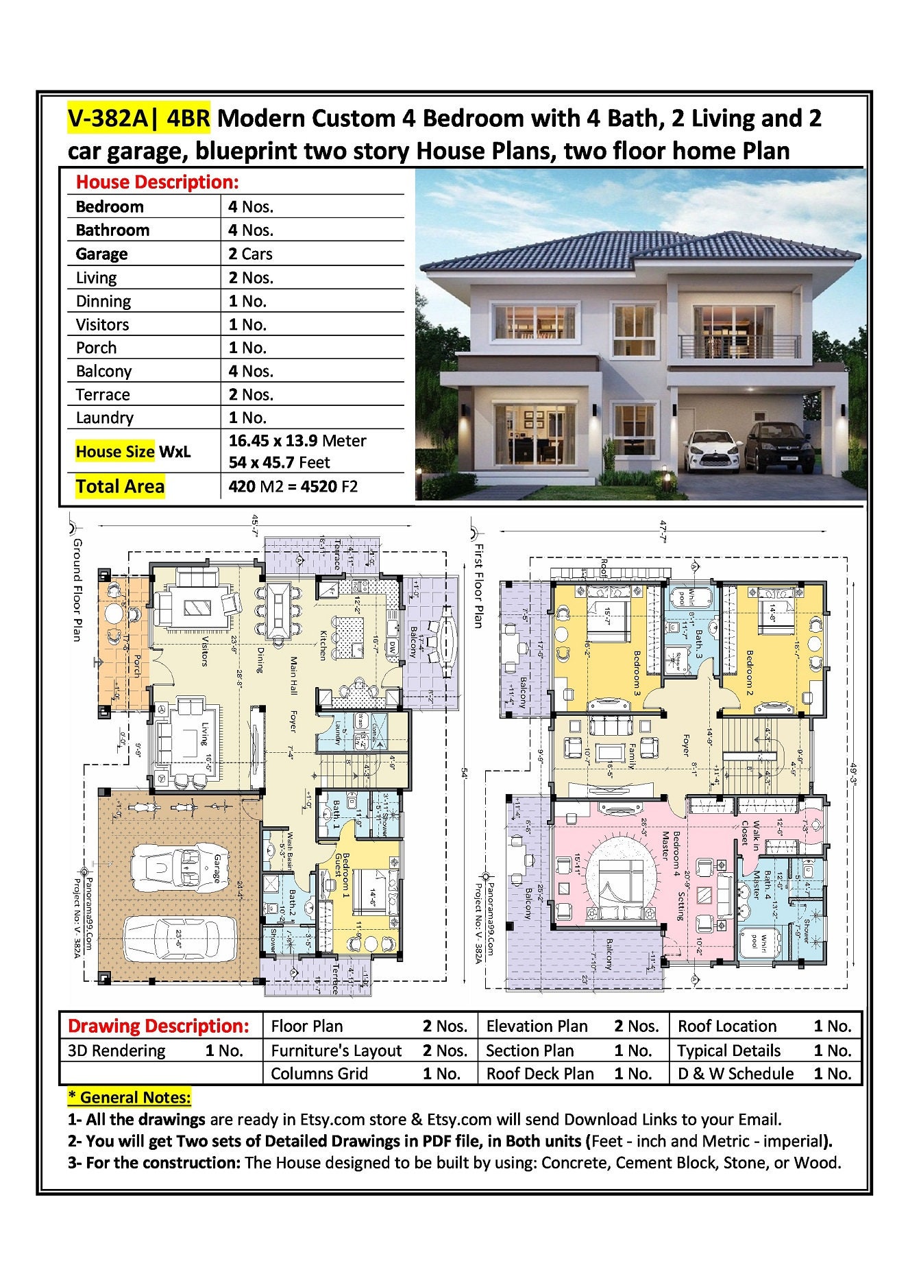 V 382A 4BR Modern House Plans Luxury 4 Bedroom With 4 Bath Etsy V 382A 4BR Modern House Plans Luxury 4 Bedroom With 4 Bath Etsy