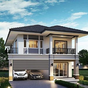 V-387 | Planta de Casa Duplex Moderna: 3 Quartos, 3 Salas de Estar, Garagem para 2 Carros, Cozinha Americana (Casa Compacta)