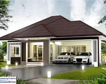 V-386| Simple tiny house plan, Modern 3 bedroom, 2 bath with two car port, One story house, Bungalow blueprints Floor Plan, Ranch