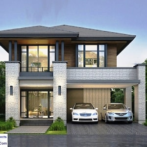 V-384| House floor plans, 5 bedroom with 5 bathroom and 2 car port, blueprints modern two levels home with gable roof.