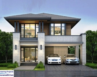 V-384| House floor plans, 5 bedroom with 5 bathroom and 2 car port, blueprints modern two levels home with gable roof.