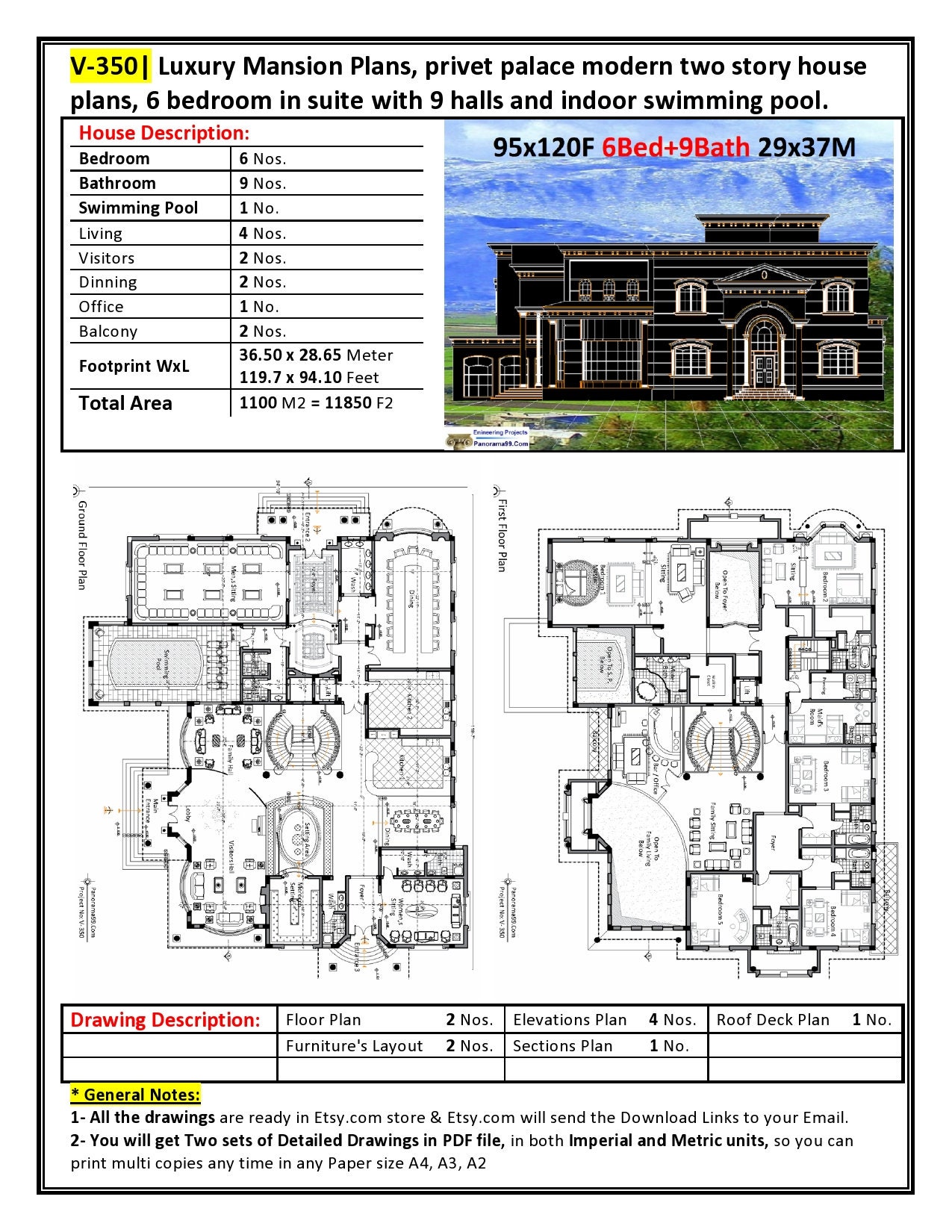 V-350 Luxury Mansion Plans Privet Palace Modern Two Story - Etsy