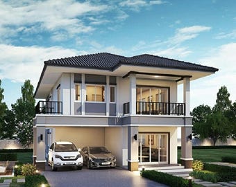 V-387| Modern Duplex House Plan: 3 Bed, 3 Family, 2 Car Garage, open kitchen tiny house