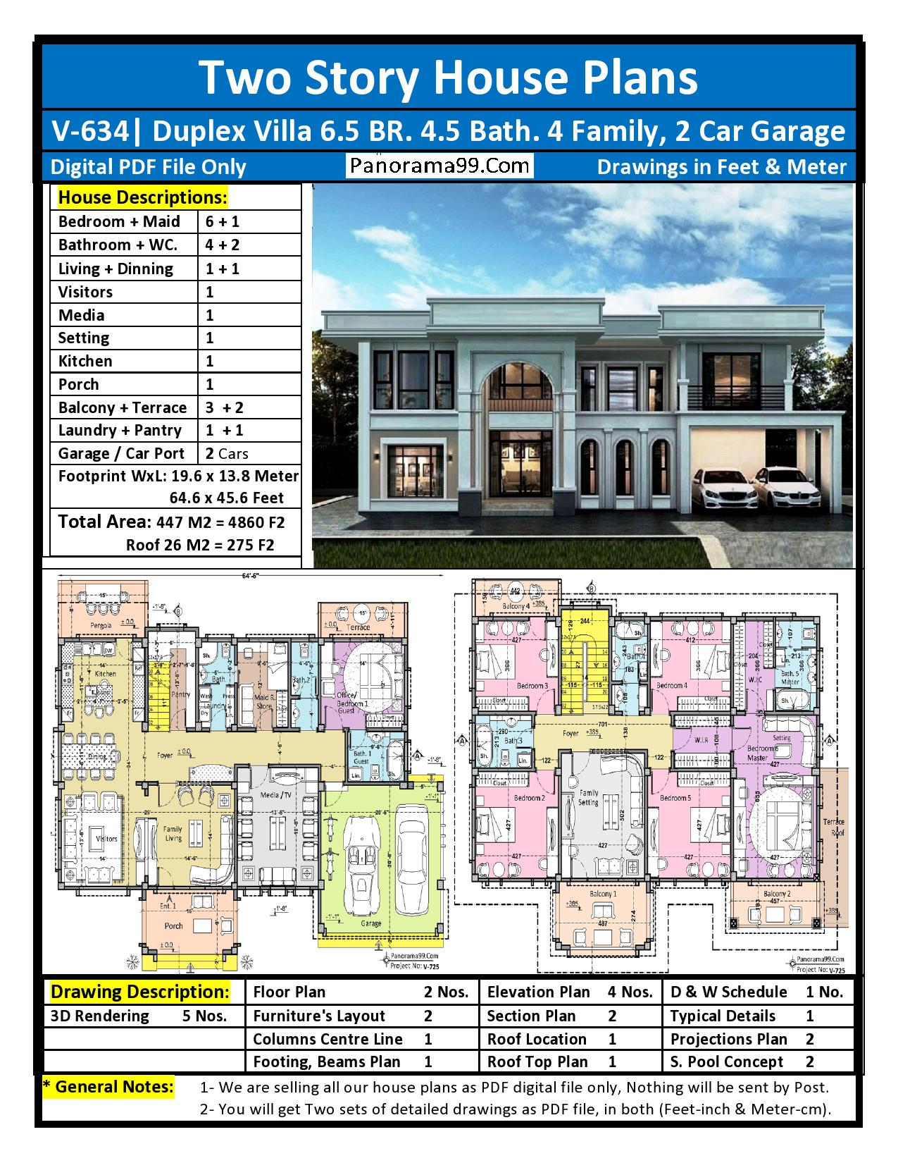V-634| Duplex House Plan: 6 Bedroom, 5 Living With Cement Block, Terrace  Roof - Etsy, image size:1275x1650