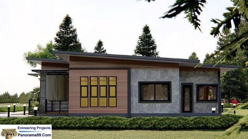 V-473 Modern tiny house plan, 3 Bedroom with 3 bathroom, Bungalow blueprints home floor plan, One story small tiny cabin farm Slope roof image 2