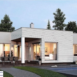 V-533| Modern huis met één verdieping op maat 3 slaapkamers met 3 badkamers blauwdrukken luxe bungalowvloer lans plat dak klein huisontwerp