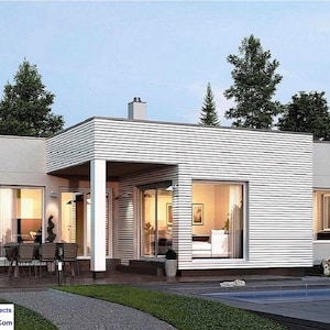 V-533| Modern one story house custom 3 bedroom with 3 bathrooms blueprints luxury bungalow floor lans flat roof tiny home design